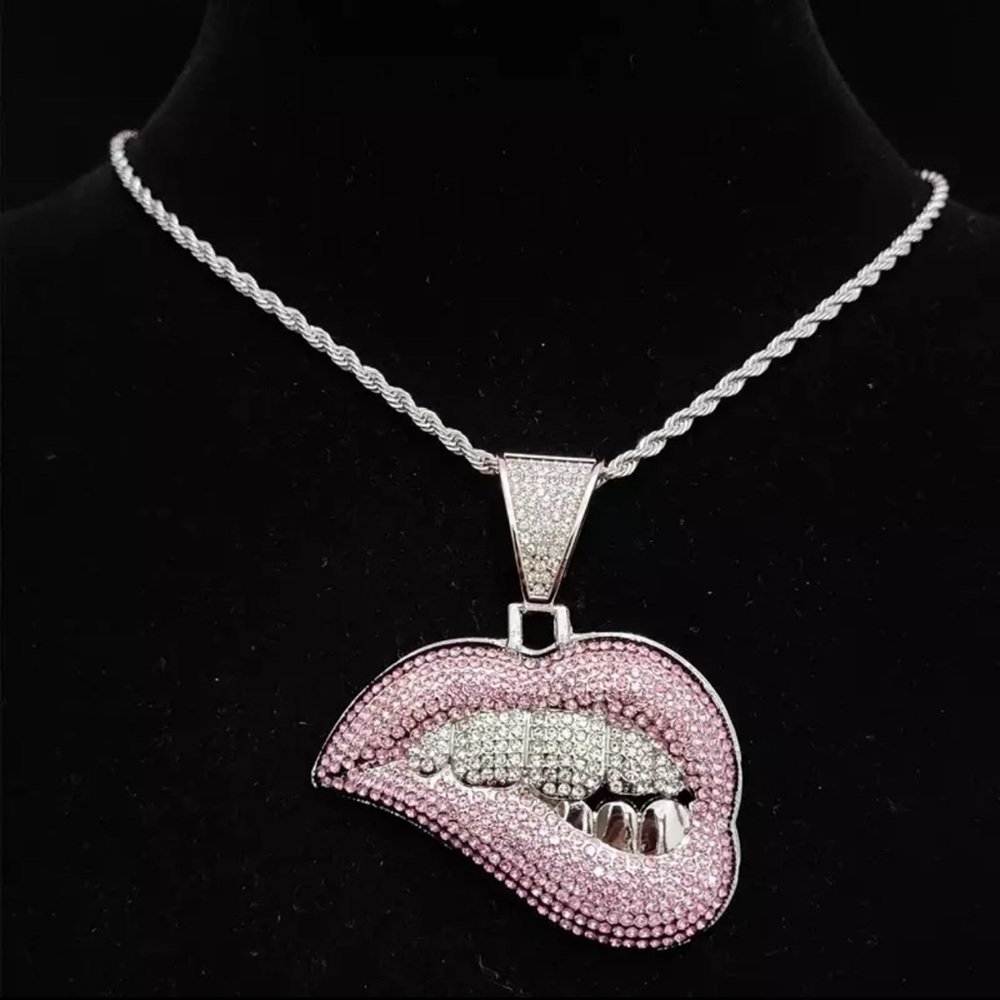 Men Women Hip Hop Bite Lip Shape Pendant Necklace with 13mm Crystal Cuban Chain